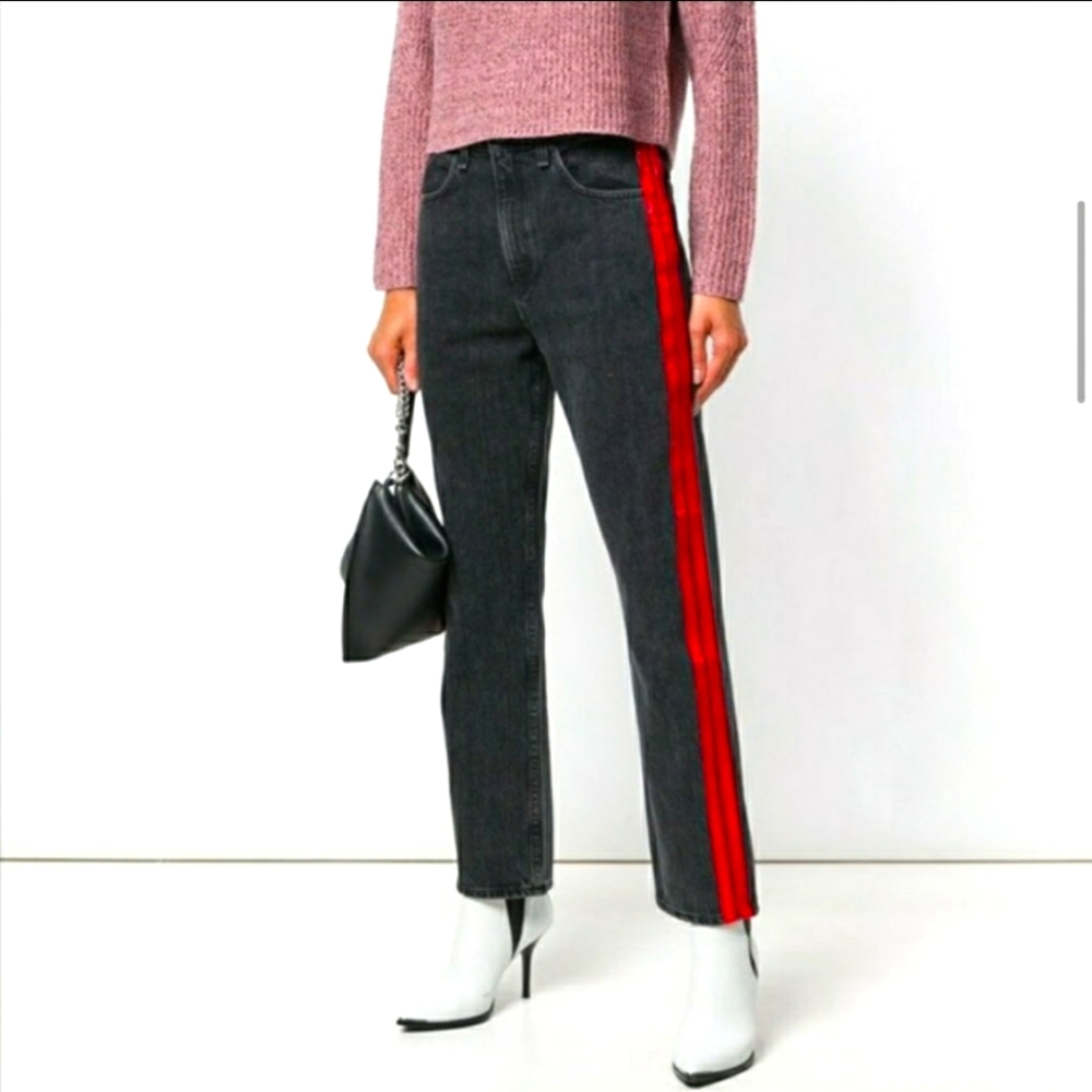 rag & bone Black Straight Leg Jeans with a chic red stripe NWT